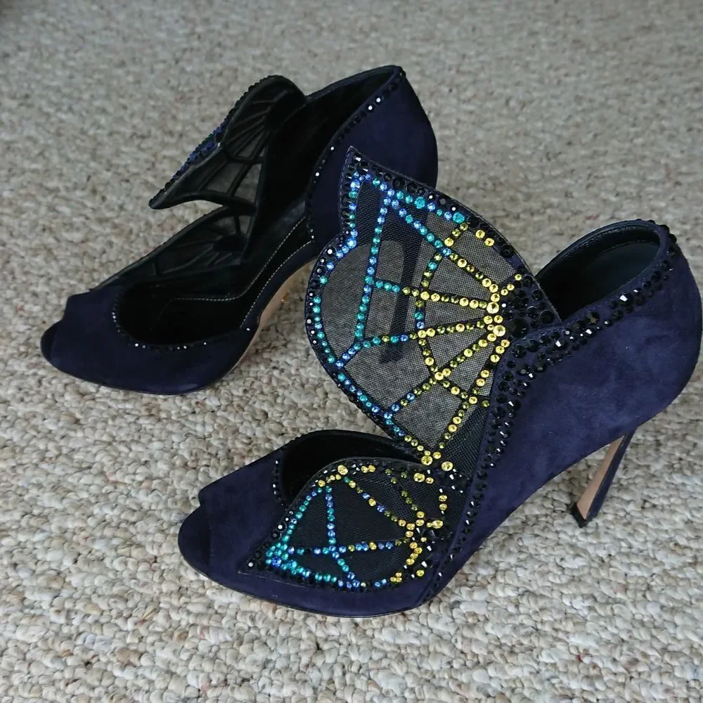 Sergio Rossi Poetic Surrealism night blue butterfly suede heels size 6.5